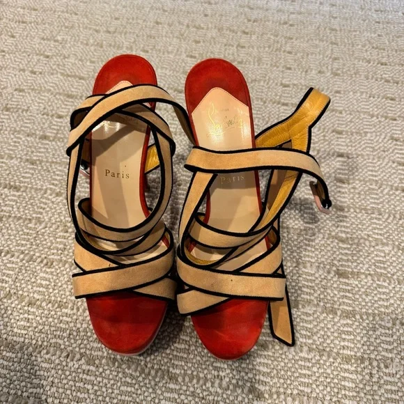 Rare Vintage Christian Louboutin Tan & Red Suede Strappy Heels | Size 8 - Picture 2 of 6